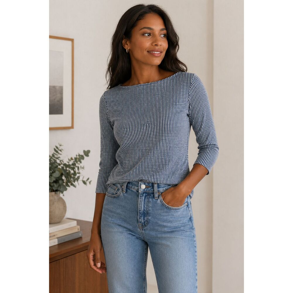 Chico’s Textured Knit Top Size Small Blue White 3/4 Sleeve Boat Neck Stretch